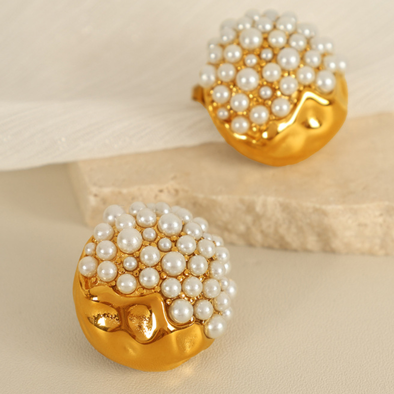 1 Pair Luxurious Series Retro Geometric Stainless Steel  Gold Color Rhinestone Artificial Pearl Women's Stud Earrings h5 